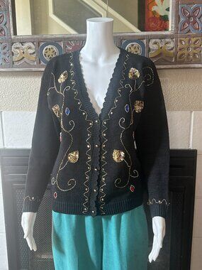 Vtg EXCLUSIVE IMPORTS COTTON RAMIE SEQUINED black CARDIGAN SWEATER large